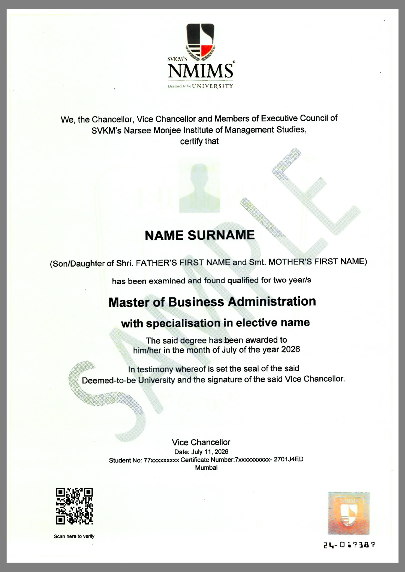 NMIMS Sample Certificate